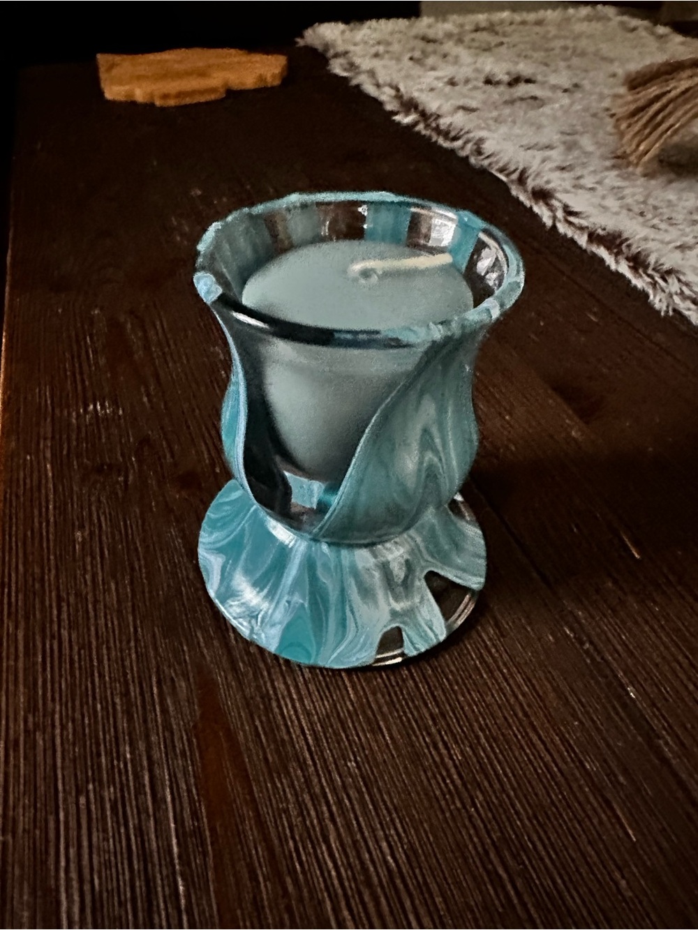 Hand Crafted Turquoise Marble Glass Candle Holder with Blue Candle